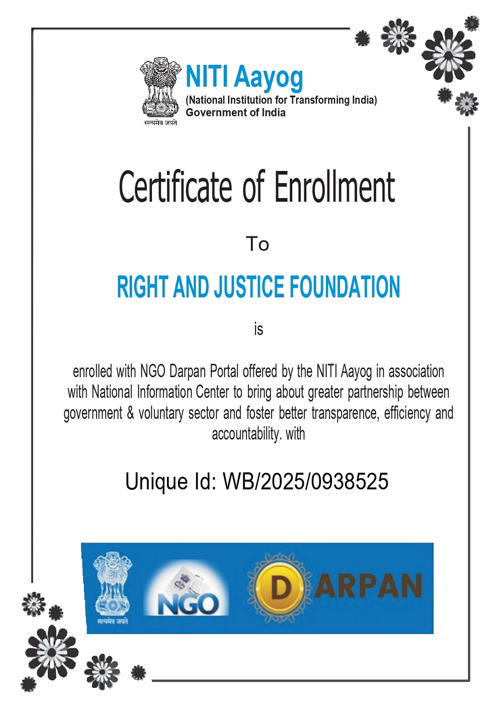 NGO Darpan Enrollment Certificate