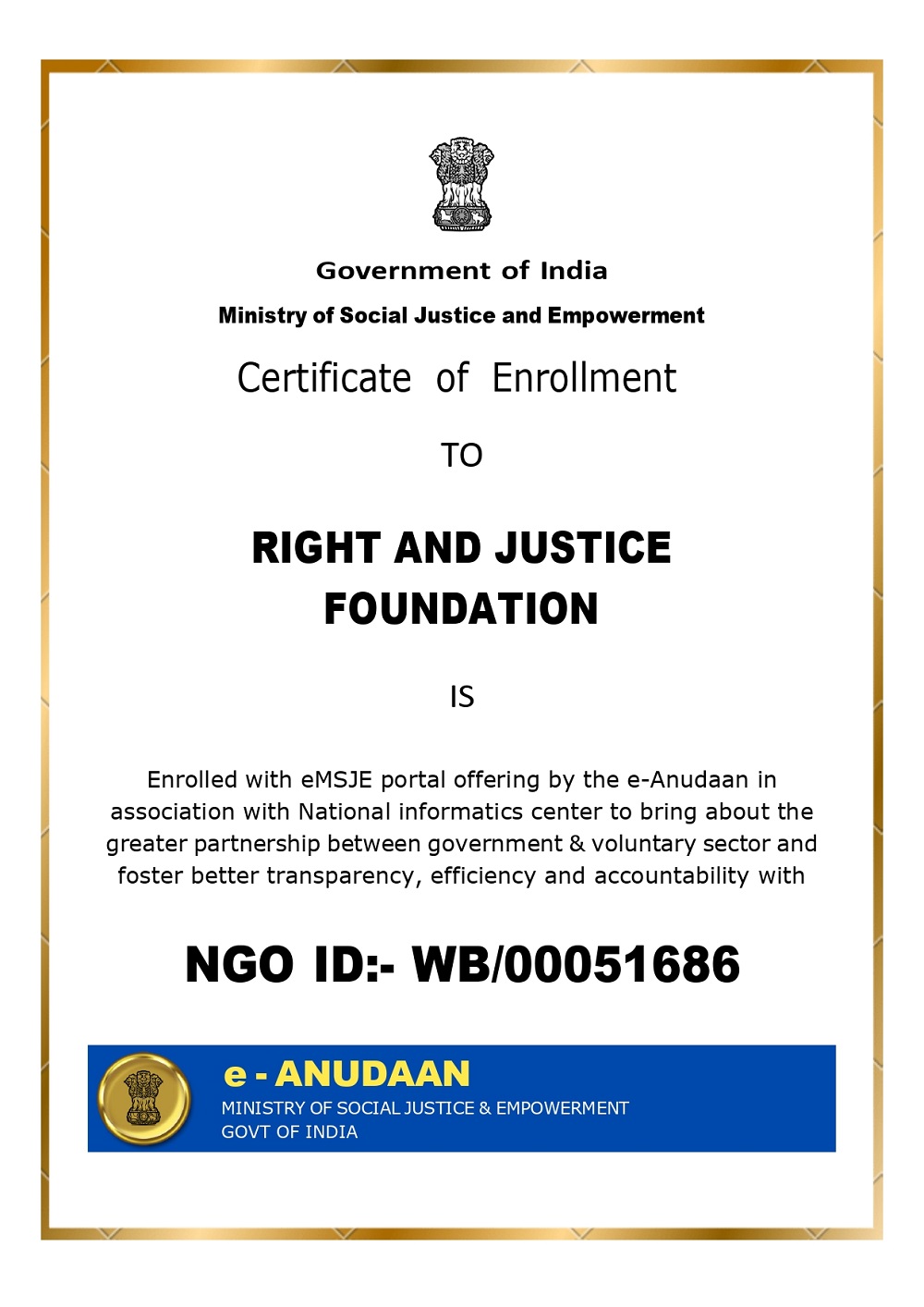 e-Anudaan / eMSJE Enrollment Certificate